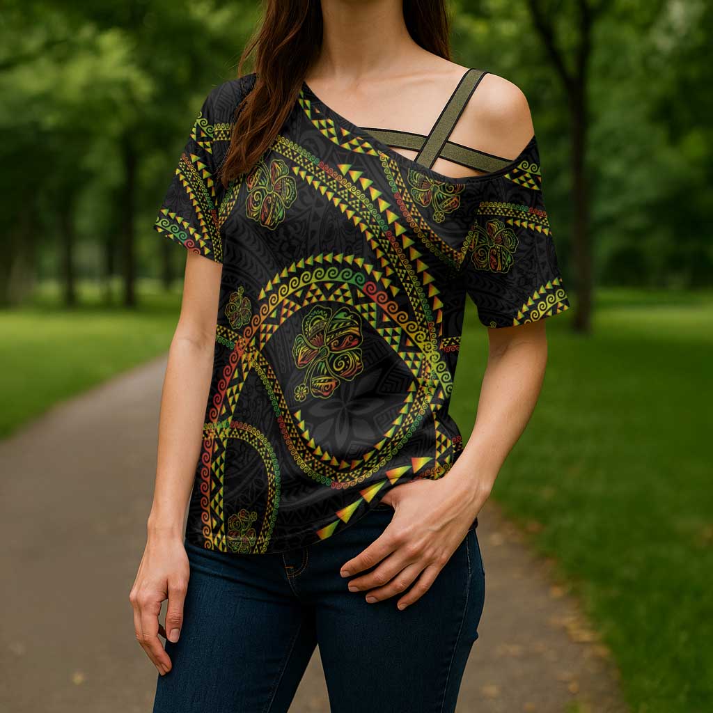 Hawaiian Kakau Art and Hisbiscus Tattoo Cross Shoulder Shirt Tribal Pattern-Reggae Style - Polynesian Pride