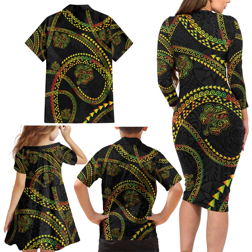 Hawaiian Kakau Art and Hisbiscus Tattoo Family Matching Long Sleeve Bodycon Dress and Hawaiian Shirt Tribal Pattern-Reggae Style LT03 - Polynesian Pride