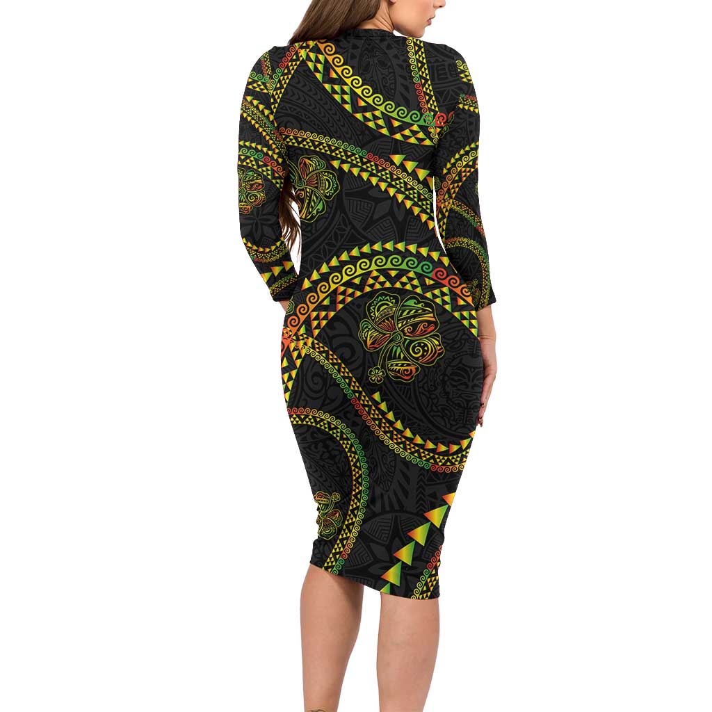 Hawaiian Kakau Art and Hisbiscus Tattoo Family Matching Long Sleeve Bodycon Dress and Hawaiian Shirt Tribal Pattern-Reggae Style LT03 - Polynesian Pride