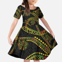 Hawaiian Kakau Art and Hisbiscus Tattoo Family Matching Mermaid Dress and Hawaiian Shirt Tribal Pattern-Reggae Style LT03 Daughter's Dress Black - Polynesian Pride