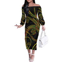 Hawaiian Kakau Art and Hisbiscus Tattoo Family Matching Off The Shoulder Long Sleeve Dress and Hawaiian Shirt Tribal Pattern-Reggae Style - Polynesian Pride