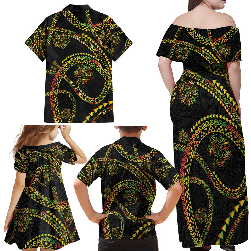 Hawaiian Kakau Art and Hisbiscus Tattoo Family Matching Off Shoulder Maxi Dress and Hawaiian Shirt Tribal Pattern-Reggae Style LT03 - Polynesian Pride