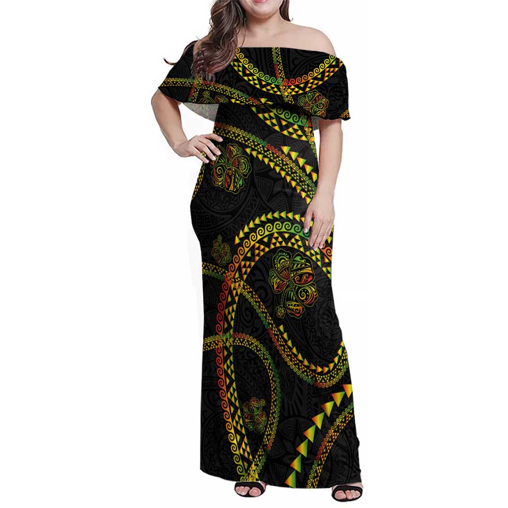 Hawaiian Kakau Art and Hisbiscus Tattoo Family Matching Off Shoulder Maxi Dress and Hawaiian Shirt Tribal Pattern-Reggae Style LT03 Mom's Dress Black - Polynesian Pride