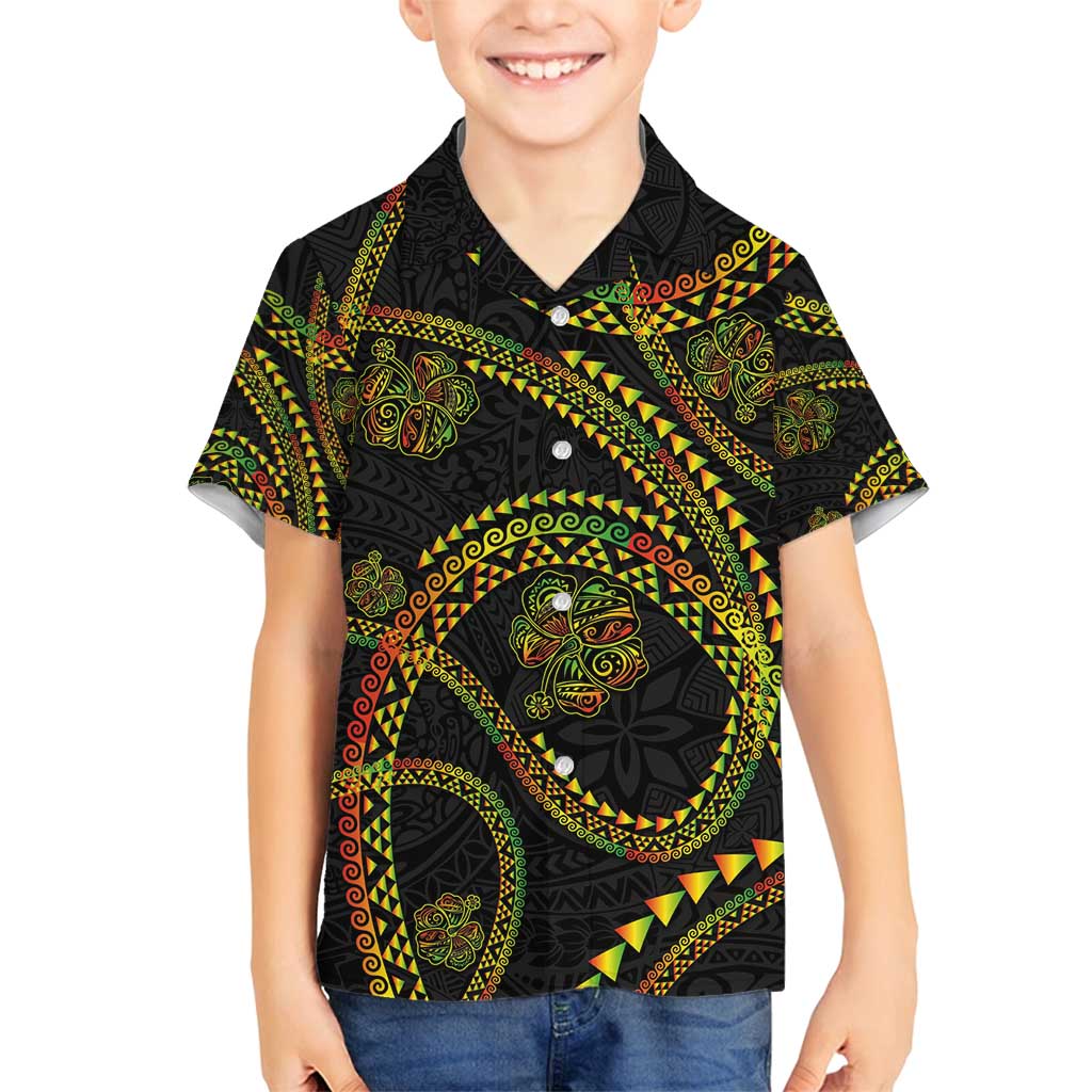 Hawaiian Kakau Art and Hisbiscus Tattoo Family Matching Off Shoulder Maxi Dress and Hawaiian Shirt Tribal Pattern-Reggae Style LT03 Son's Shirt Black - Polynesian Pride