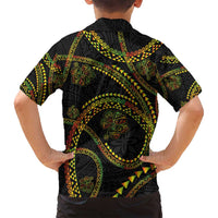 Hawaiian Kakau Art and Hisbiscus Tattoo Family Matching Off Shoulder Short Dress and Hawaiian Shirt Tribal Pattern-Reggae Style LT03 - Polynesian Pride
