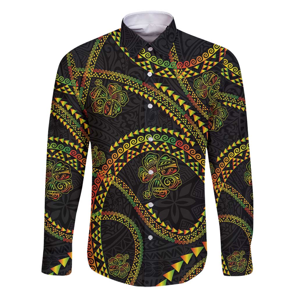 Hawaiian Kakau Art and Hisbiscus Tattoo Family Matching Puletasi and Hawaiian Shirt Tribal Pattern-Reggae Style LT03 Dad's Shirt - Long Sleeve Black - Polynesian Pride