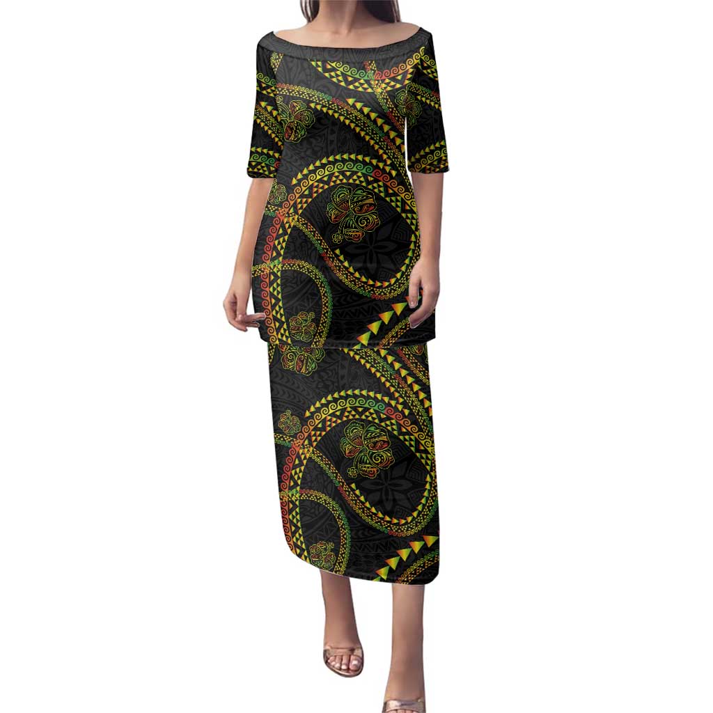 Hawaiian Kakau Art and Hisbiscus Tattoo Family Matching Puletasi and Hawaiian Shirt Tribal Pattern-Reggae Style LT03 Mom's Dress Black - Polynesian Pride