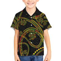 Hawaiian Kakau Art and Hisbiscus Tattoo Family Matching Puletasi and Hawaiian Shirt Tribal Pattern-Reggae Style LT03 Son's Shirt Black - Polynesian Pride