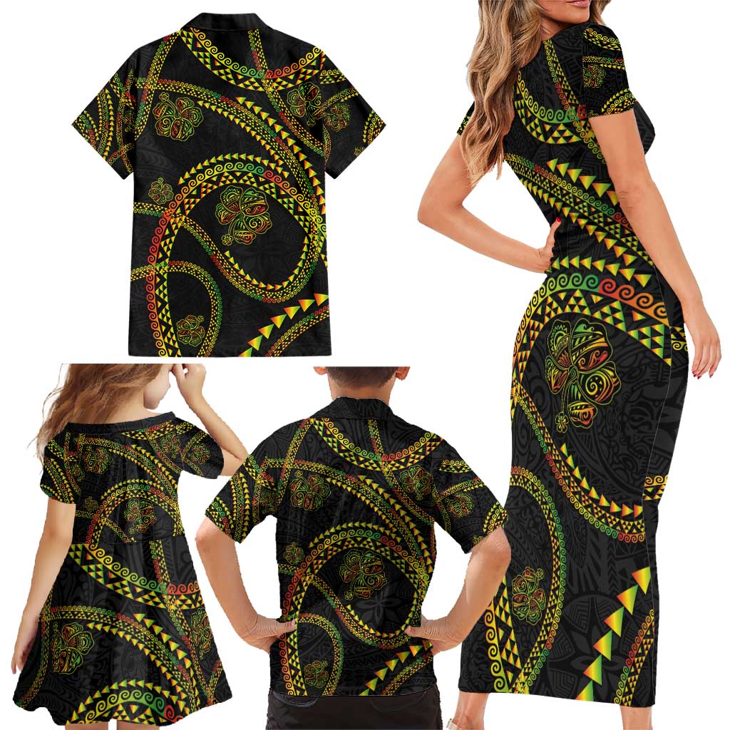 Hawaiian Kakau Art and Hisbiscus Tattoo Family Matching Short Sleeve Bodycon Dress and Hawaiian Shirt Tribal Pattern-Reggae Style LT03 - Polynesian Pride