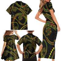 Hawaiian Kakau Art and Hisbiscus Tattoo Family Matching Short Sleeve Bodycon Dress and Hawaiian Shirt Tribal Pattern-Reggae Style LT03 - Polynesian Pride