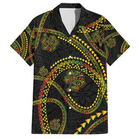 Hawaiian Kakau Art and Hisbiscus Tattoo Family Matching Short Sleeve Bodycon Dress and Hawaiian Shirt Tribal Pattern-Reggae Style LT03 Dad's Shirt - Short Sleeve Black - Polynesian Pride