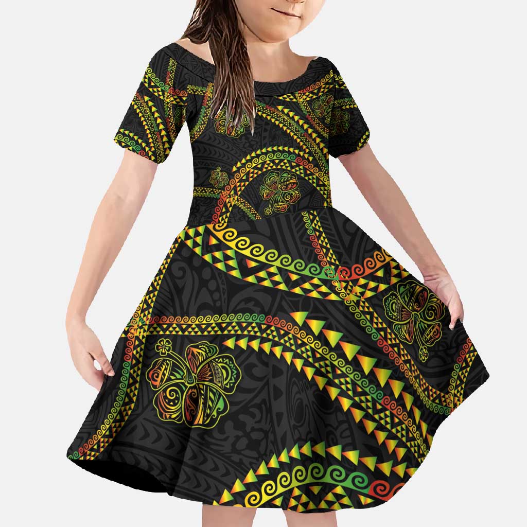 Hawaiian Kakau Art and Hisbiscus Tattoo Family Matching Summer Maxi Dress and Hawaiian Shirt Tribal Pattern-Reggae Style LT03 Daughter's Dress Black - Polynesian Pride