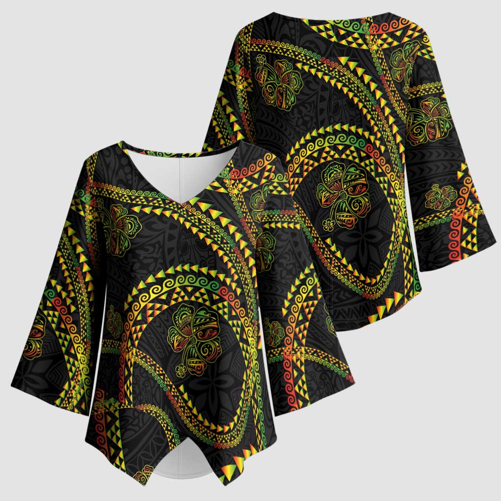Hawaiian Kakau Art and Hisbiscus Tattoo Kimono Sleeve Blouse Tribal Pattern-Reggae Style - Polynesian Pride