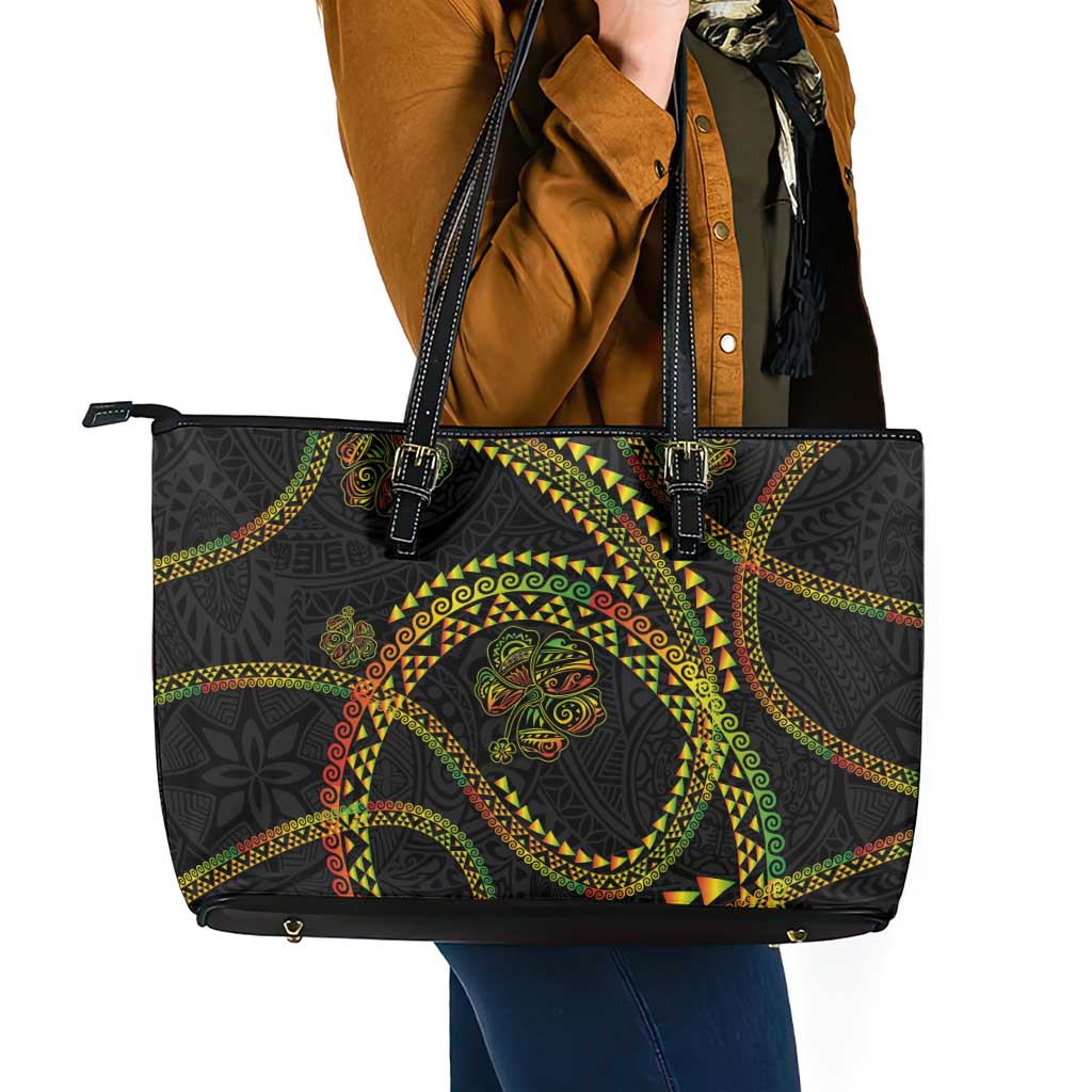Hawaiian Kakau Art and Hisbiscus Tattoo Leather Tote Bag Tribal Pattern-Reggae Style - Polynesian Pride