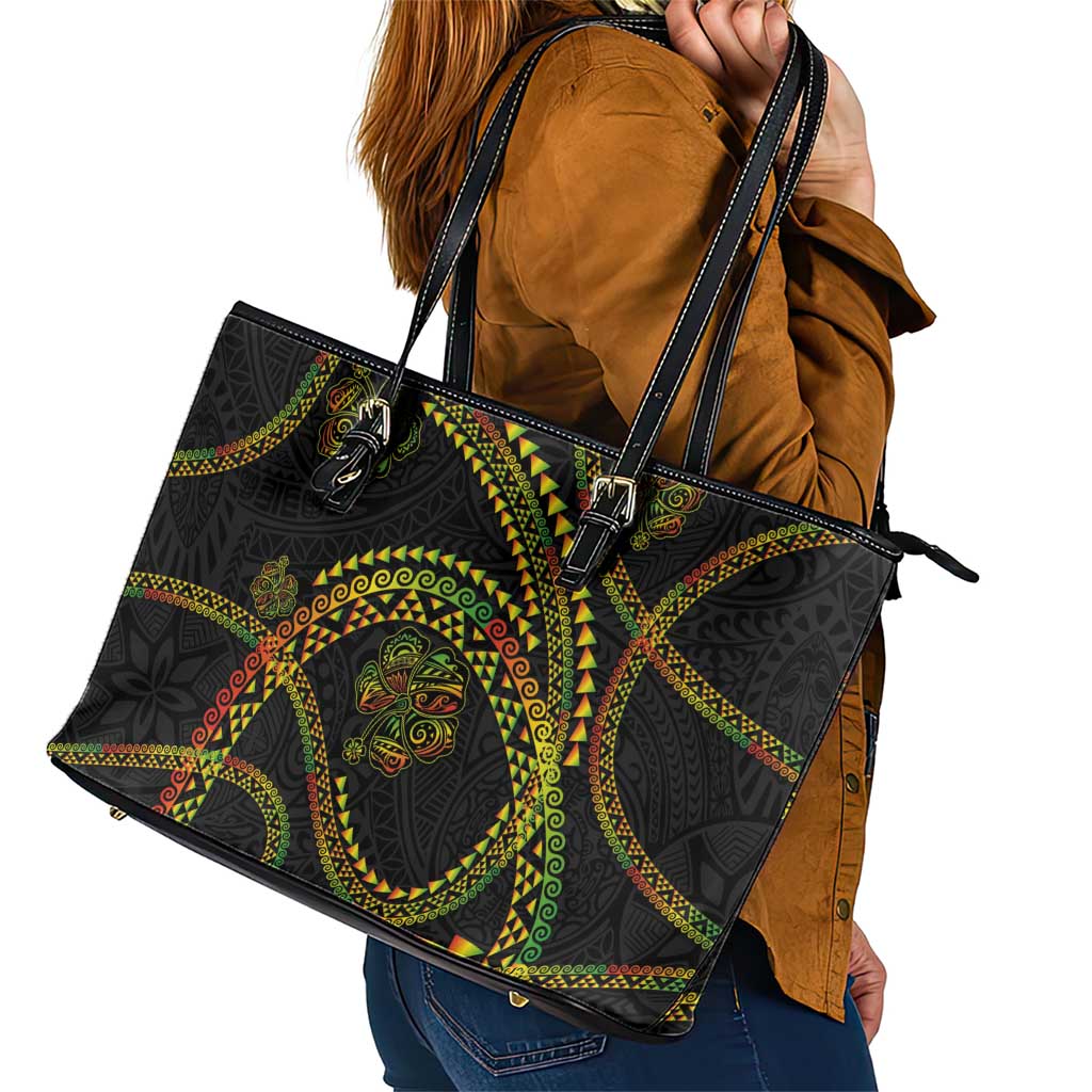 Hawaiian Kakau Art and Hisbiscus Tattoo Leather Tote Bag Tribal Pattern-Reggae Style - Polynesian Pride