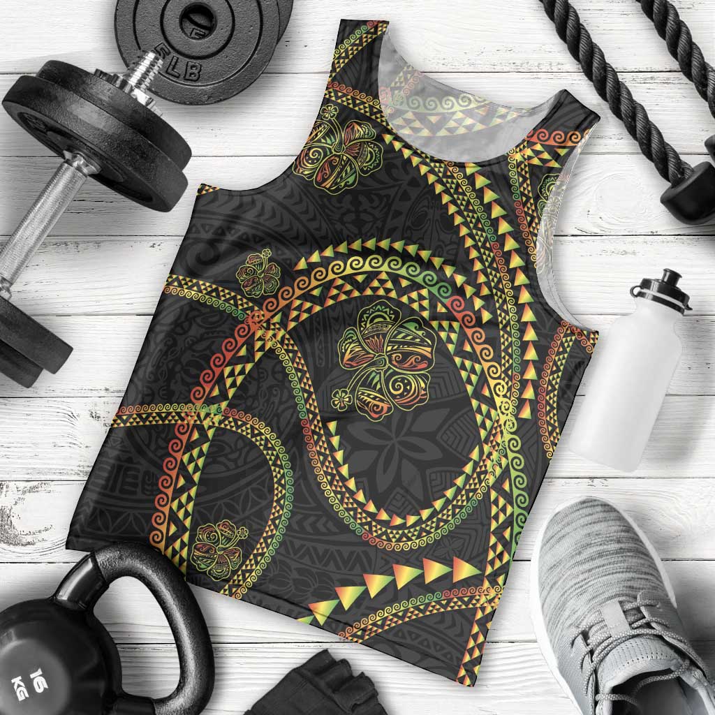 Hawaiian Kakau Art and Hisbiscus Tattoo Men Tank Top Tribal Pattern-Reggae Style LT03 - Polynesian Pride