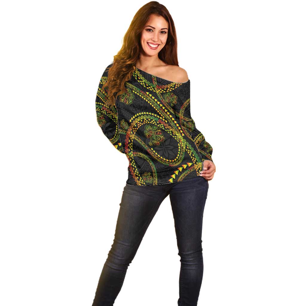 Hawaiian Kakau Art and Hisbiscus Tattoo Off Shoulder Sweater Tribal Pattern-Reggae Style - Polynesian Pride