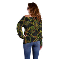 Hawaiian Kakau Art and Hisbiscus Tattoo Off Shoulder Sweater Tribal Pattern-Reggae Style - Polynesian Pride