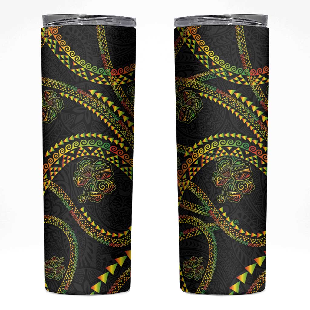 Hawaiian Kakau Art and Hisbiscus Tattoo Skinny Tumbler Tribal Pattern-Reggae Style - Polynesian Pride