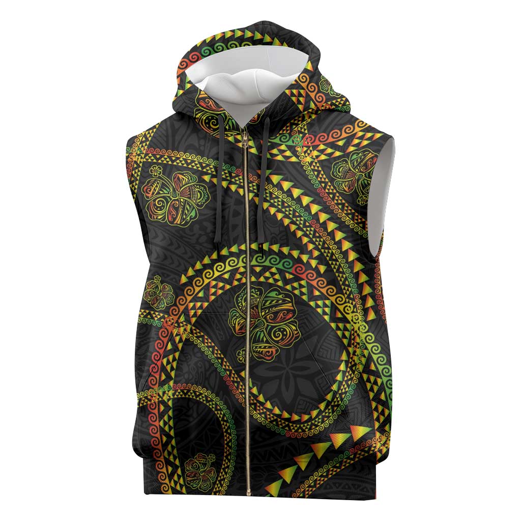 Hawaiian Kakau Art and Hisbiscus Tattoo Sleeveless Zip Hoodie Tribal Pattern-Reggae Style - Polynesian Pride