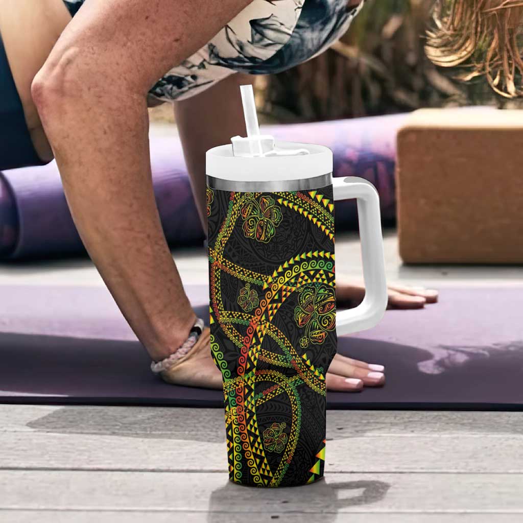 Hawaiian Kakau Art and Hisbiscus Tattoo Tumbler With Handle Tribal Pattern-Reggae Style - Polynesian Pride