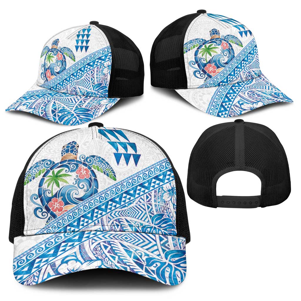 Hawaiian Abstract Sea Turtle Baseball Net Cap Polynesian Tapa Art and Kakau Tattoo White WaterColor - Polynesian Pride