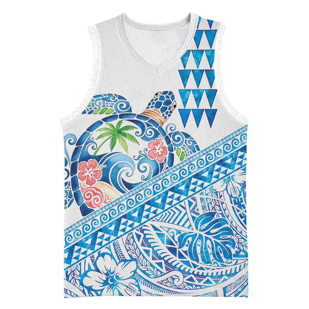 Hawaiian Abstract Sea Turtle Basketball Jersey Polynesian Tapa Art and Kakau Tattoo White WaterColor - Polynesian Pride