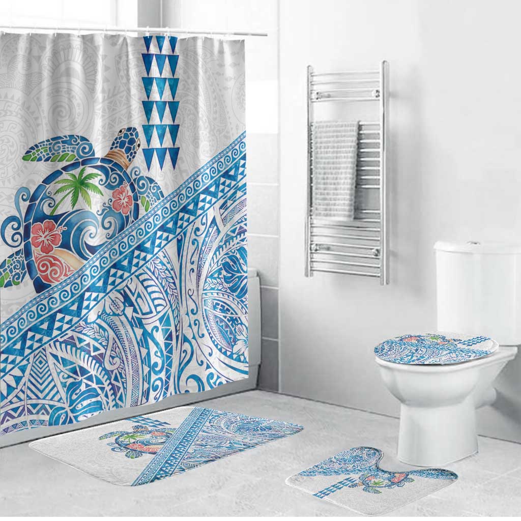 Hawaiian Abstract Sea Turtle Bathroom Set Polynesian Tapa Art and Kakau Tattoo White WaterColor - Polynesian Pride