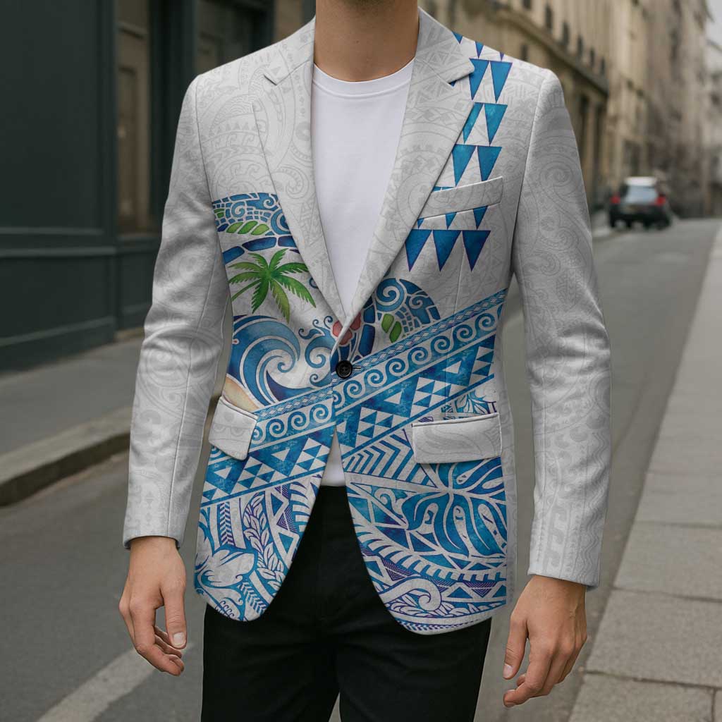 Hawaiian Abstract Sea Turtle Blazer Polynesian Tapa Art and Kakau Tattoo White WaterColor - Polynesian Pride