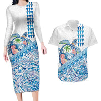 Hawaiian Abstract Sea Turtle Couples Matching Long Sleeve Bodycon Dress and Hawaiian Shirt Polynesian Tapa Art and Kakau Tattoo White WaterColor - Polynesian Pride