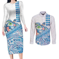 Hawaiian Abstract Sea Turtle Couples Matching Long Sleeve Bodycon Dress and Long Sleeve Button Shirt Polynesian Tapa Art and Kakau Tattoo White WaterColor - Polynesian Pride
