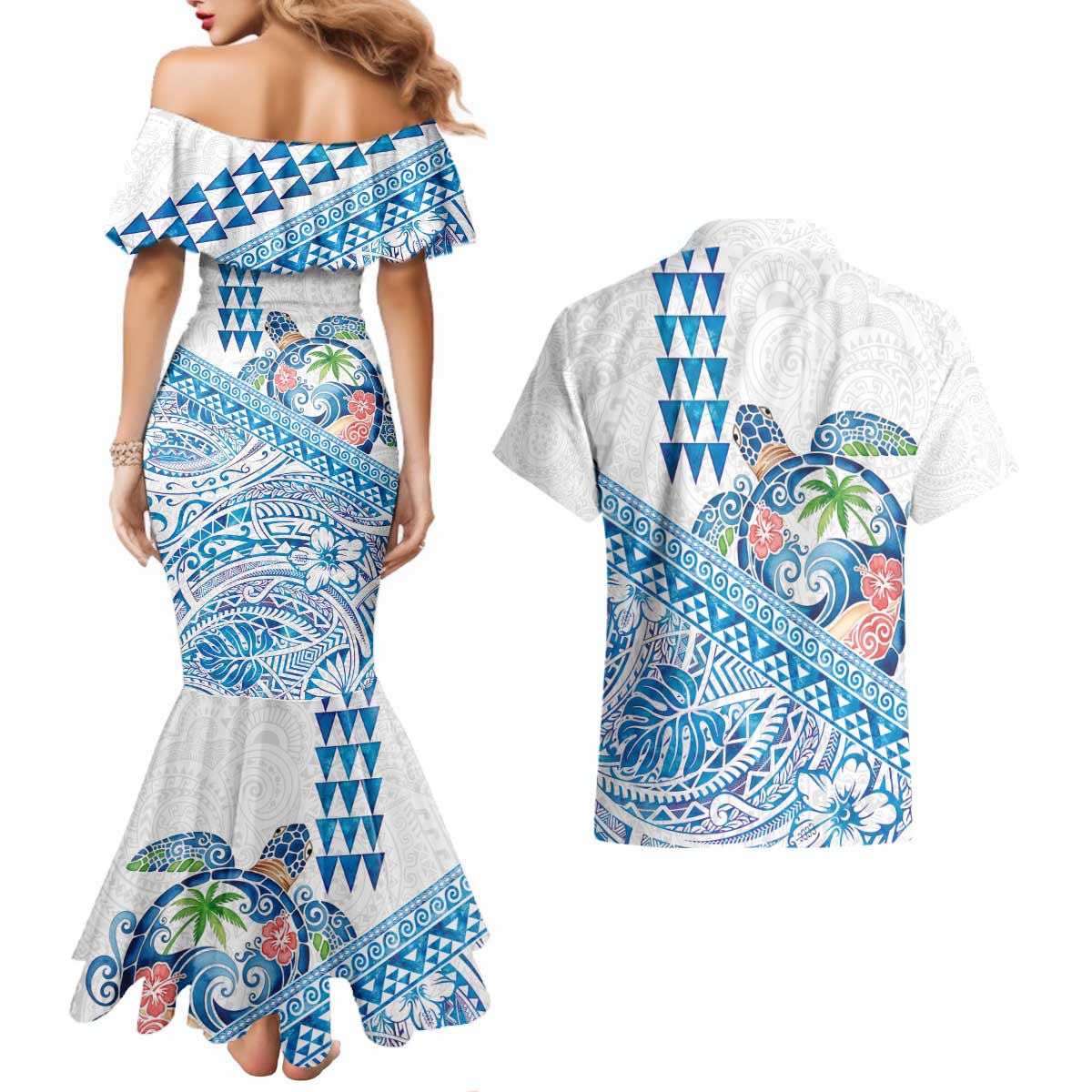 Hawaiian Abstract Sea Turtle Couples Matching Mermaid Dress and Hawaiian Shirt Polynesian Tapa Art and Kakau Tattoo White WaterColor - Polynesian Pride