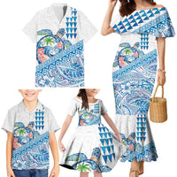 Hawaiian Abstract Sea Turtle Family Matching Mermaid Dress and Hawaiian Shirt Polynesian Tapa Art and Kakau Tattoo White WaterColor - Polynesian Pride