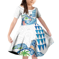 Hawaiian Abstract Sea Turtle Family Matching Off Shoulder Short Dress and Hawaiian Shirt Polynesian Tapa Art and Kakau Tattoo White WaterColor - Polynesian Pride