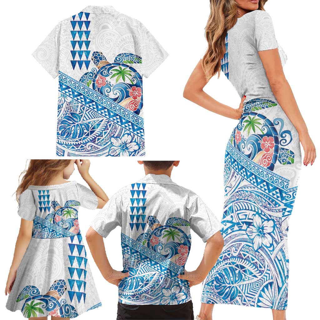 Hawaiian Abstract Sea Turtle Family Matching Short Sleeve Bodycon Dress and Hawaiian Shirt Polynesian Tapa Art and Kakau Tattoo White WaterColor - Polynesian Pride