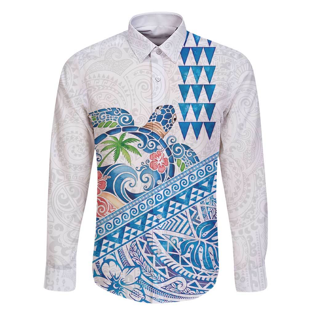 Hawaiian Abstract Sea Turtle Family Matching Short Sleeve Bodycon Dress and Hawaiian Shirt Polynesian Tapa Art and Kakau Tattoo White WaterColor - Polynesian Pride