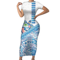 Hawaiian Abstract Sea Turtle Family Matching Short Sleeve Bodycon Dress and Hawaiian Shirt Polynesian Tapa Art and Kakau Tattoo White WaterColor - Polynesian Pride