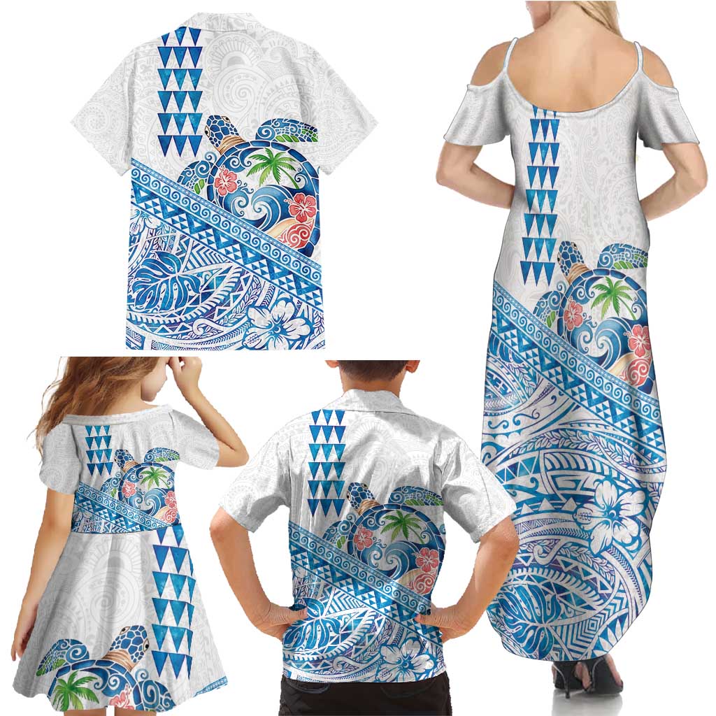 Hawaiian Abstract Sea Turtle Family Matching Summer Maxi Dress and Hawaiian Shirt Polynesian Tapa Art and Kakau Tattoo White WaterColor - Polynesian Pride
