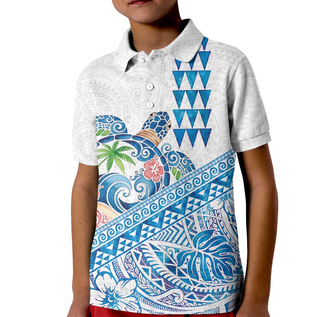 Hawaiian Abstract Sea Turtle Kid Polo Shirt Polynesian Tapa Art and Kakau Tattoo White WaterColor - Polynesian Pride