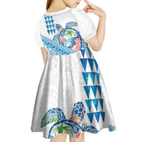 Hawaiian Abstract Sea Turtle Kid Short Sleeve Dress Polynesian Tapa Art and Kakau Tattoo White WaterColor - Polynesian Pride