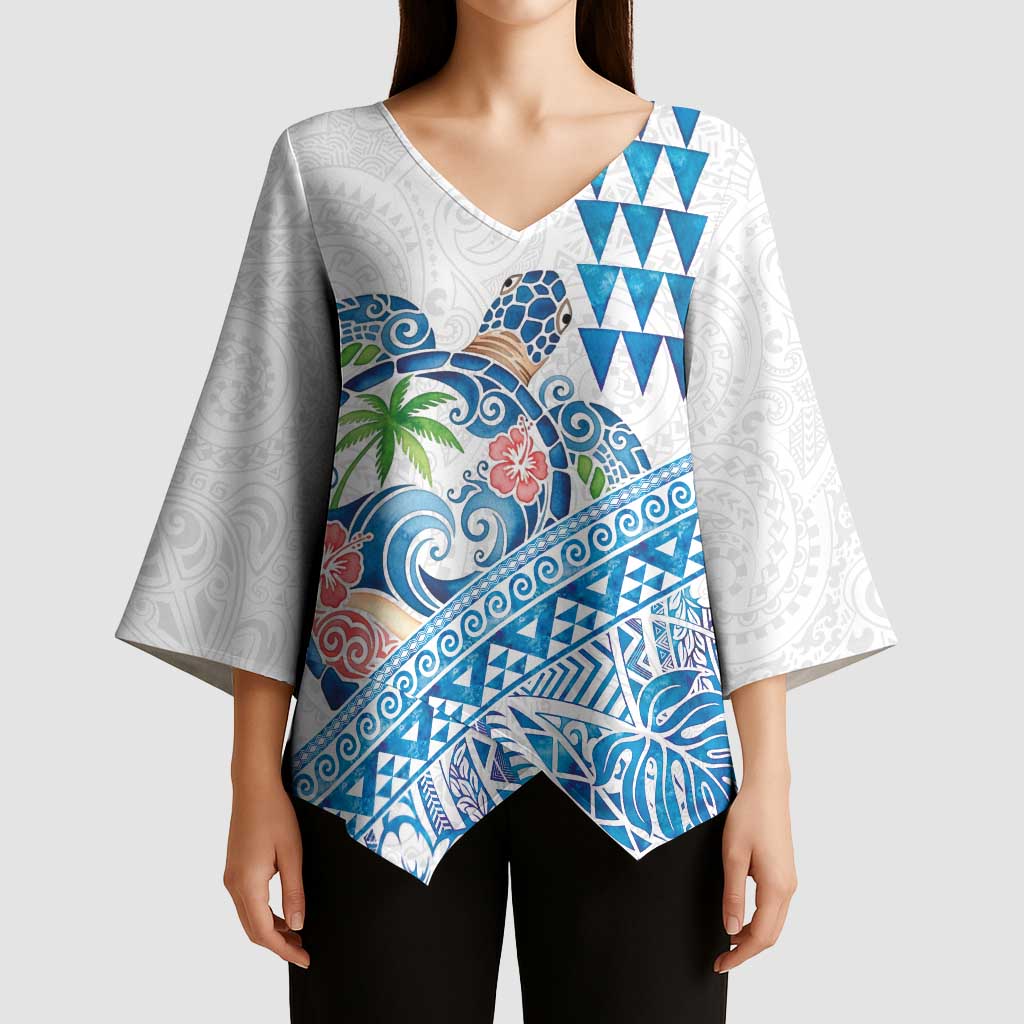 Hawaiian Abstract Sea Turtle Kimono Sleeve Blouse Polynesian Tapa Art and Kakau Tattoo White WaterColor - Polynesian Pride