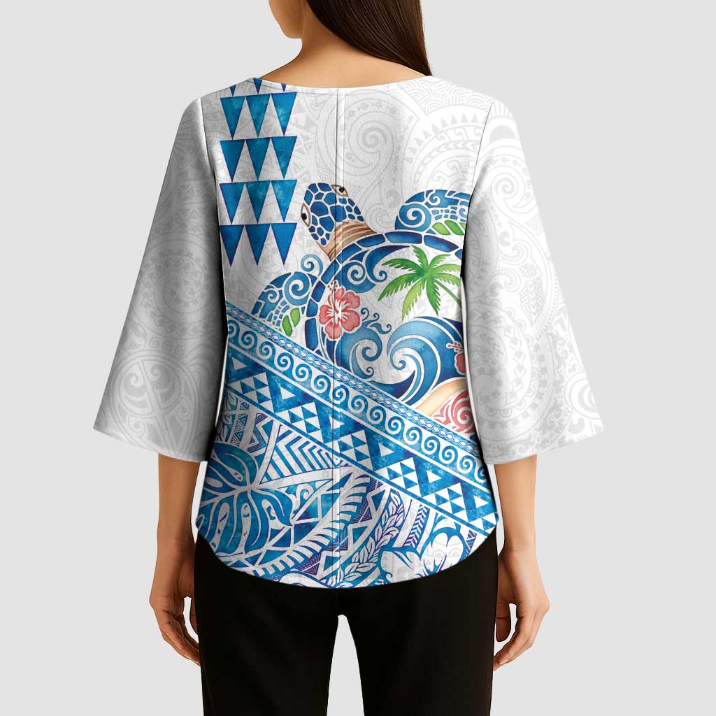 Hawaiian Abstract Sea Turtle Kimono Sleeve Blouse Polynesian Tapa Art and Kakau Tattoo White WaterColor - Polynesian Pride
