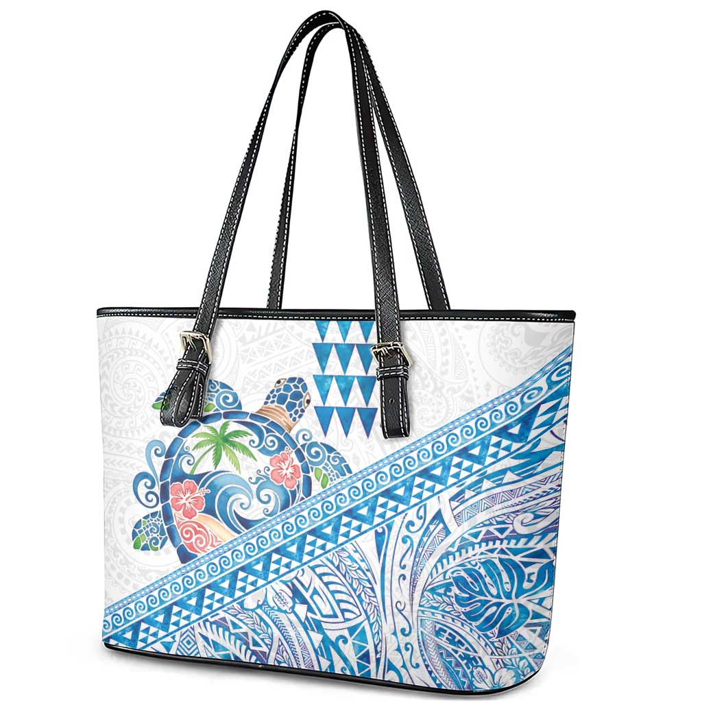 Hawaiian Abstract Sea Turtle Leather Tote Bag Polynesian Tapa Art and Kakau Tattoo White WaterColor - Polynesian Pride