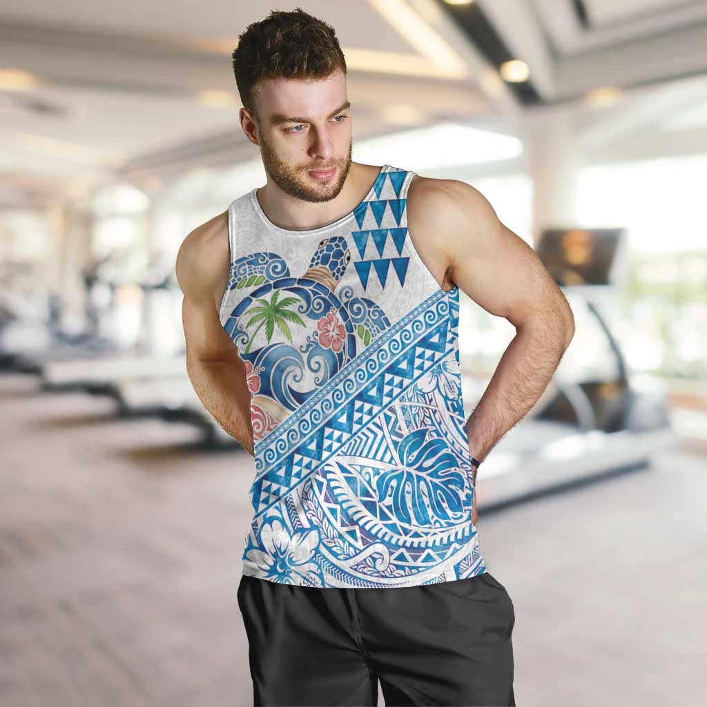Hawaiian Abstract Sea Turtle Men Tank Top Polynesian Tapa Art and Kakau Tattoo White WaterColor - Polynesian Pride