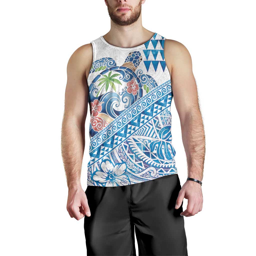 Hawaiian Abstract Sea Turtle Men Tank Top Polynesian Tapa Art and Kakau Tattoo White WaterColor - Polynesian Pride