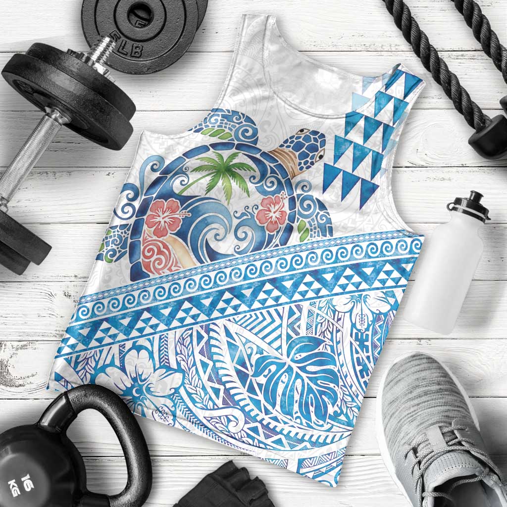 Hawaiian Abstract Sea Turtle Men Tank Top Polynesian Tapa Art and Kakau Tattoo White WaterColor - Polynesian Pride