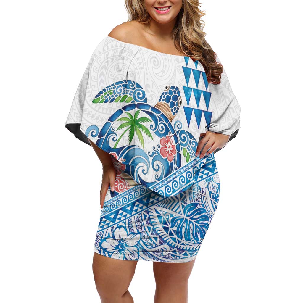 Hawaiian Abstract Sea Turtle Off Shoulder Short Dress Polynesian Tapa Art and Kakau Tattoo White WaterColor - Polynesian Pride