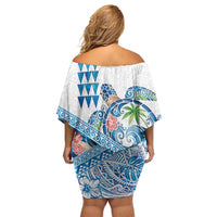 Hawaiian Abstract Sea Turtle Off Shoulder Short Dress Polynesian Tapa Art and Kakau Tattoo White WaterColor - Polynesian Pride