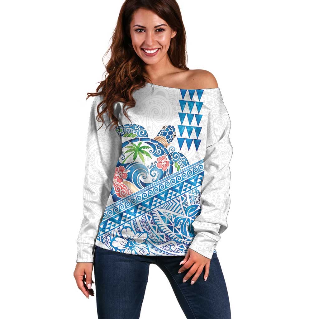 Hawaiian Abstract Sea Turtle Off Shoulder Sweater Polynesian Tapa Art and Kakau Tattoo White WaterColor - Polynesian Pride
