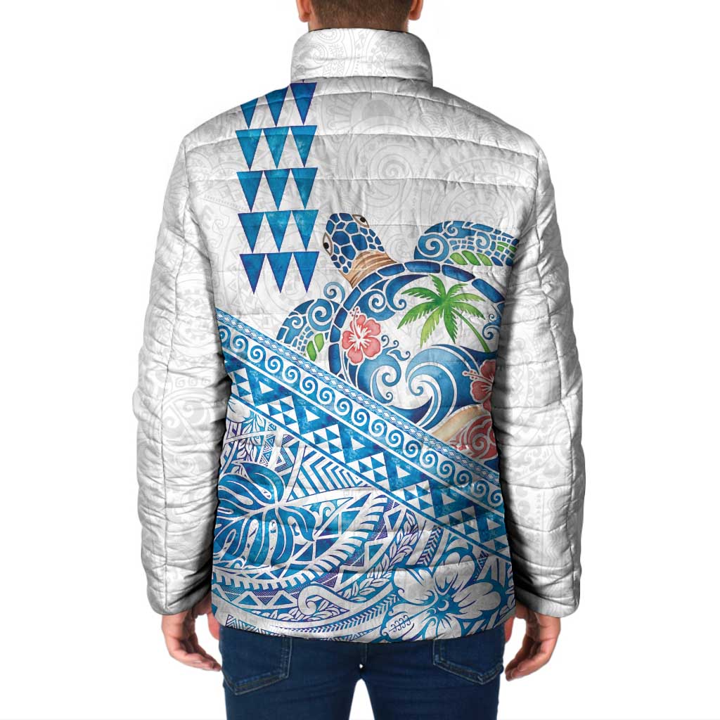 Hawaiian Abstract Sea Turtle Padded Jacket Polynesian Tapa Art and Kakau Tattoo White WaterColor - Polynesian Pride